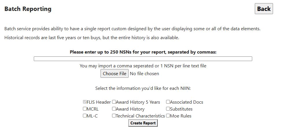 Batch Reporting form with an empty NSN list, file chooser and report-section options