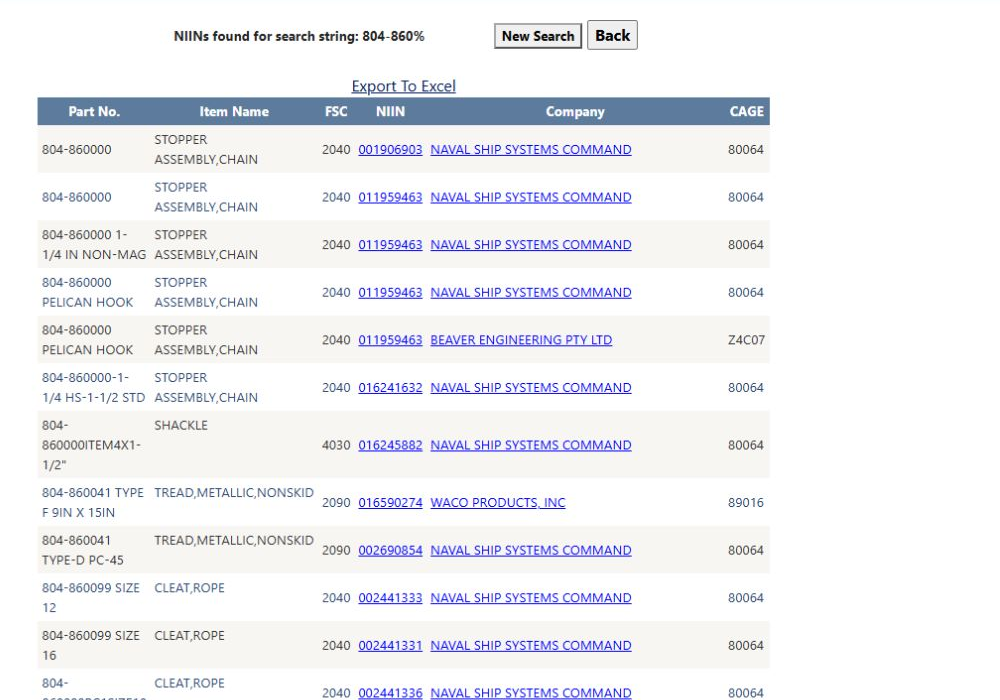 Commercial part prefix 804-860% results showing matching reference variants and their NSN and CAGE columns