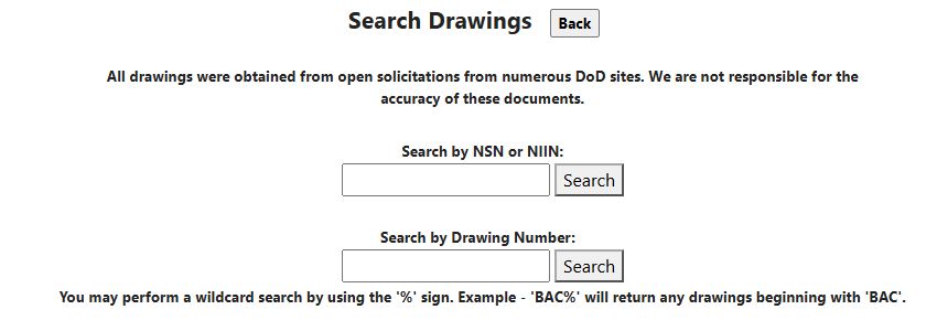 Standalone drawing search form with stock-number and drawing-number fields
