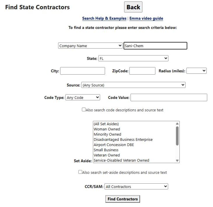 Company-name input for Sani-Chem in Florida