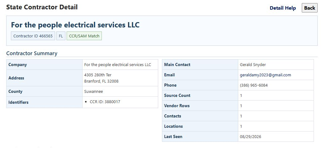 Contractor summary for the Florida electrical-services search example
