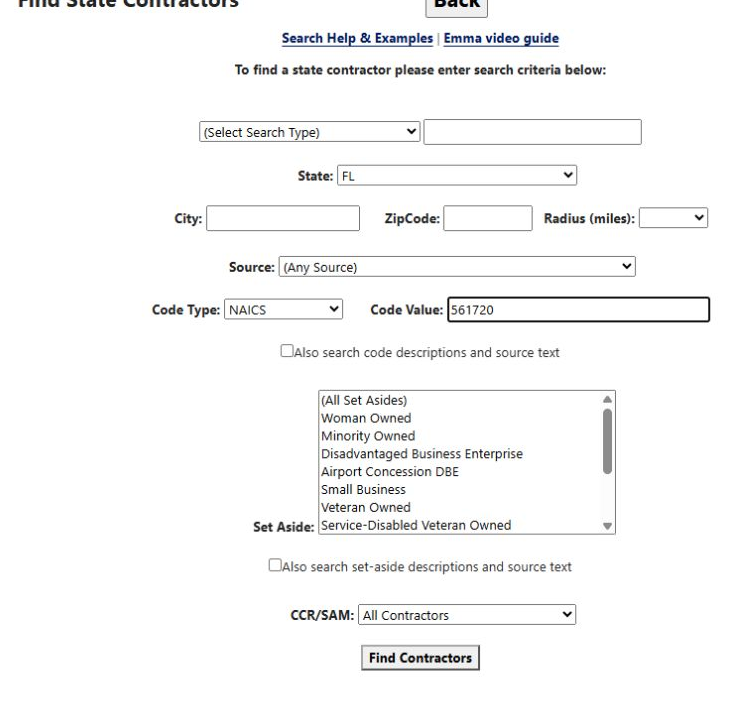 Florida NAICS 561720 search form with description expansion unchecked