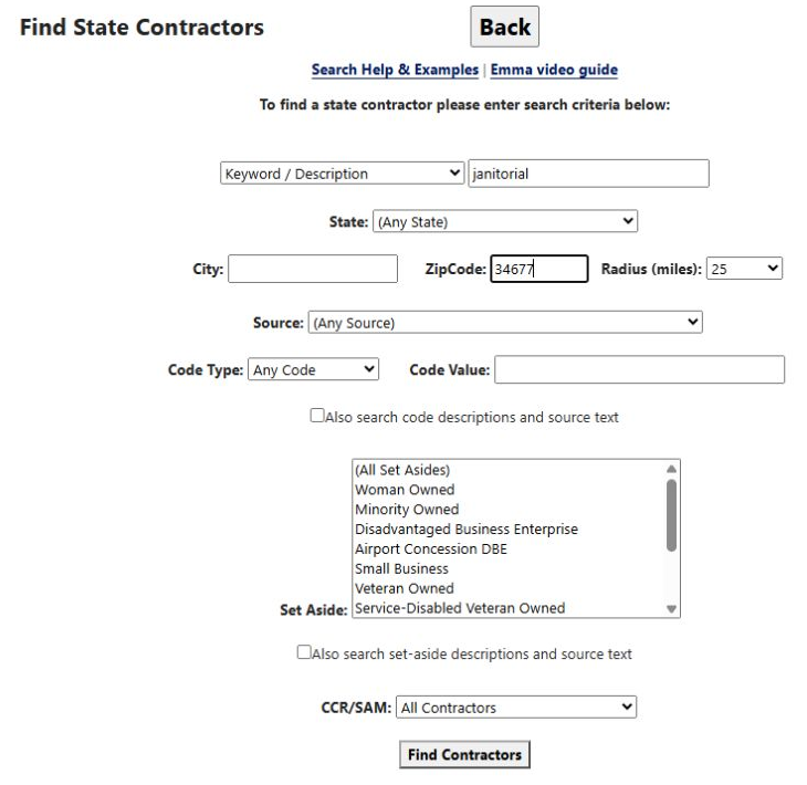 Janitorial search form with ZIP 34677 and radius 25 miles