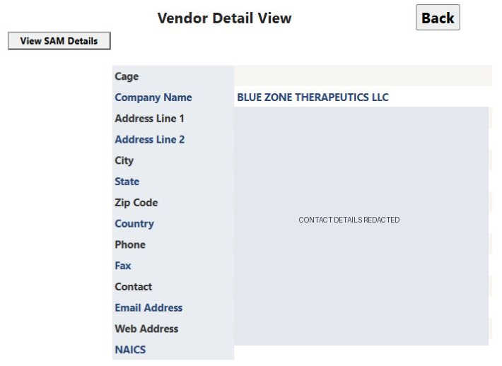 No-CAGE Vendor Detail View with blank Cage and NAICS; contact and address values masked