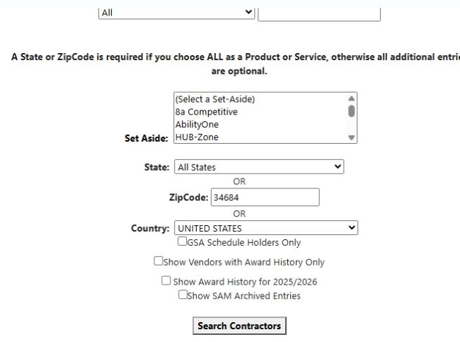 Saved All Government Contractors form with All, ZIP 34684, All States and no optional checkboxes