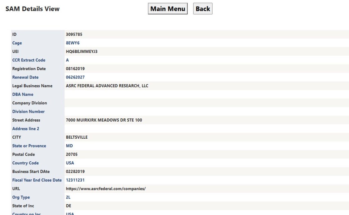 SAM registration detail for the example contractor