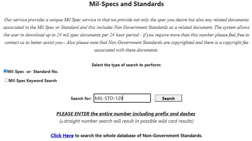 Number search form with MIL-STD-129 entered