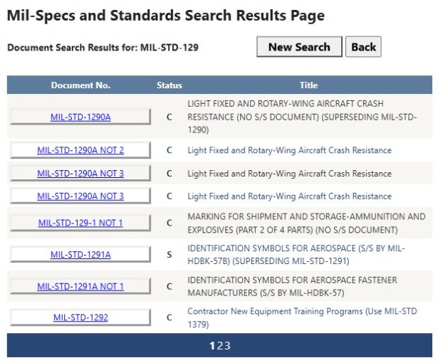 First page of number-search results for MIL-STD-129