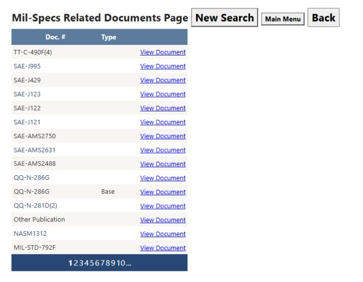 Related-document list with document numbers, types and pagination