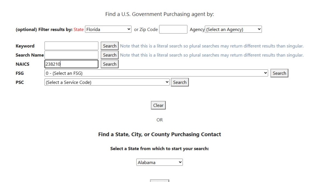Florida and NAICS 238210 on the Find Contracting Officers form