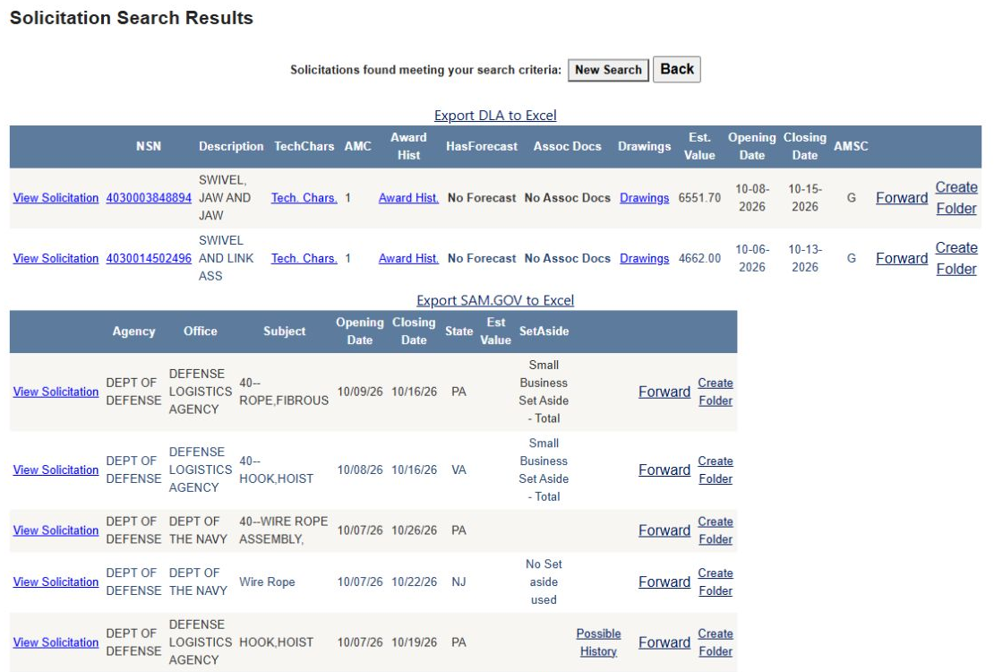The supply-class search produces DLA item rows and a separate SAM.gov table
