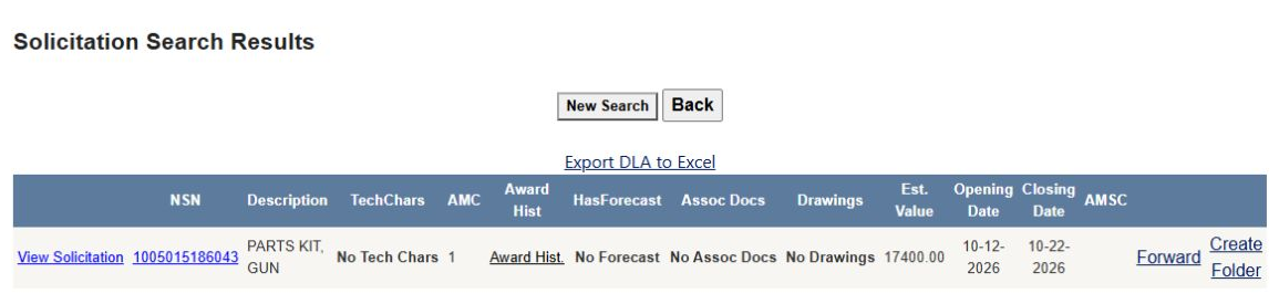 The exact RFQ-number search returns the same DLA notice