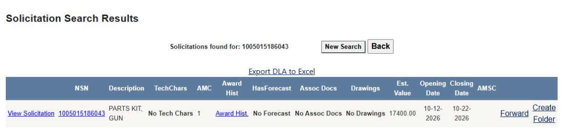 A known NSN produces the DLA parts result layout