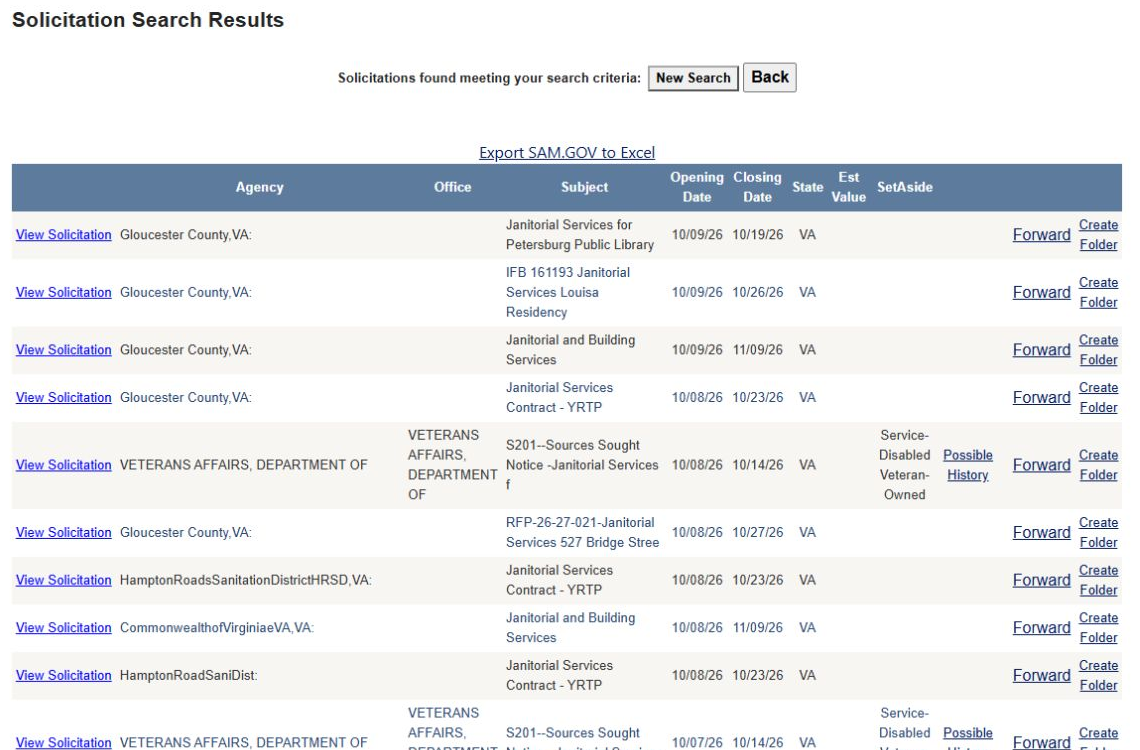 The Virginia synopsis search includes federal and local notice rows