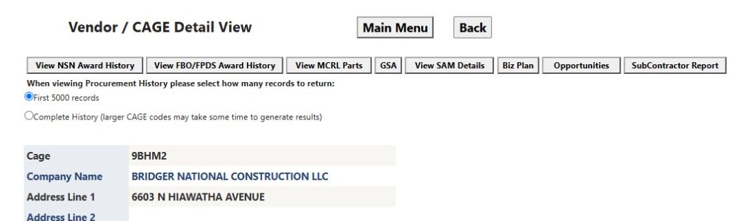 Company detail identifies CAGE 9BHM2 and offers View FBO/FPDS Award History