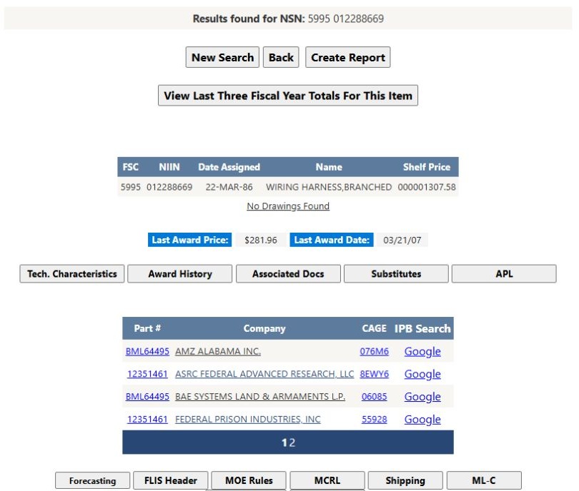 Item result reached from the company's NIIN link